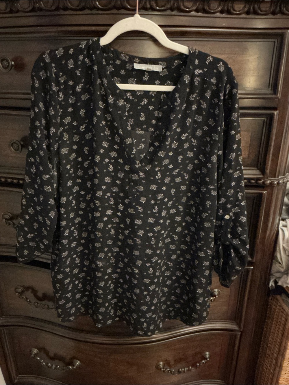 Daniel Rainn Black Floral V-Neck Blouse